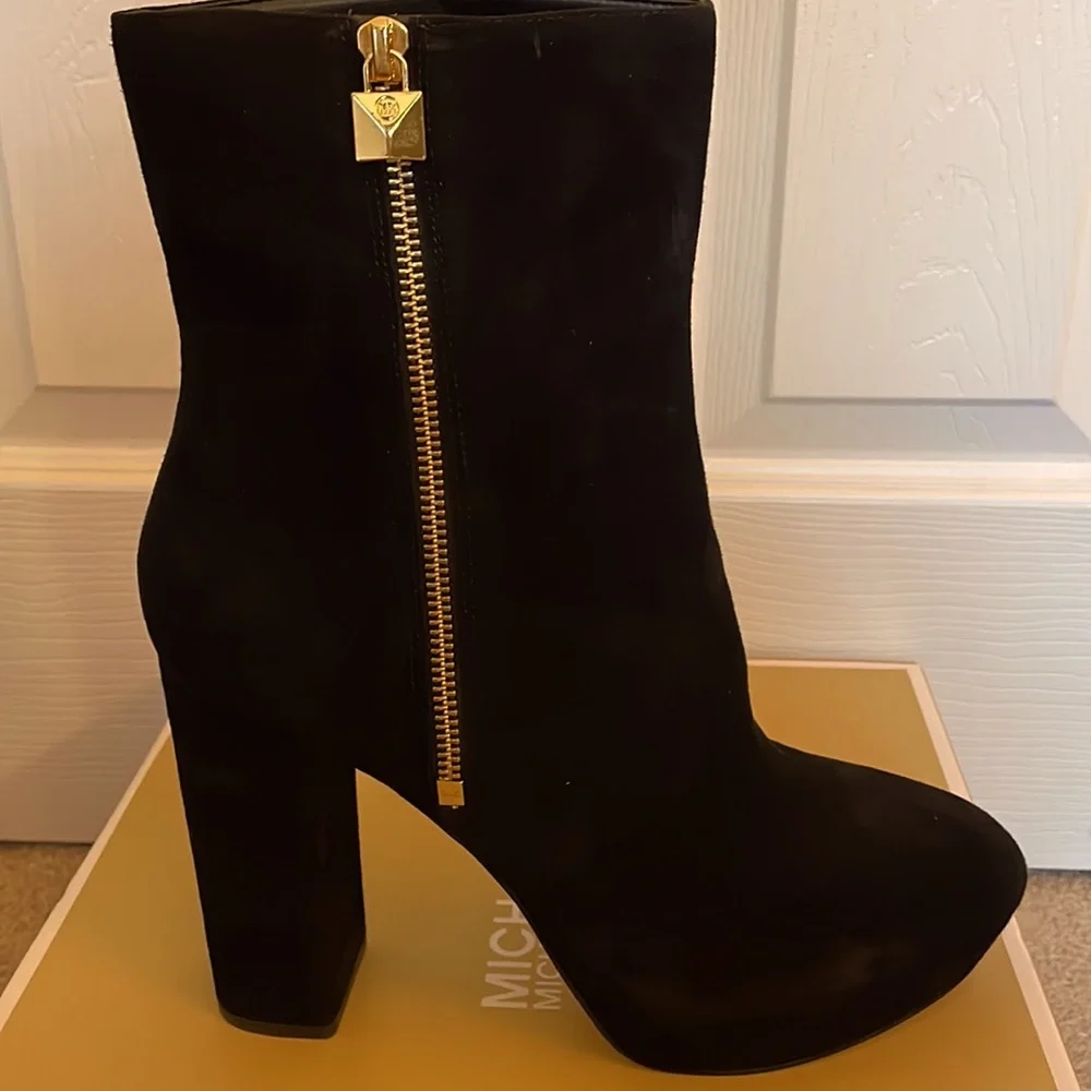 Michael Kors Black Suede Platform Ankle Boot with Gold Zip Accent